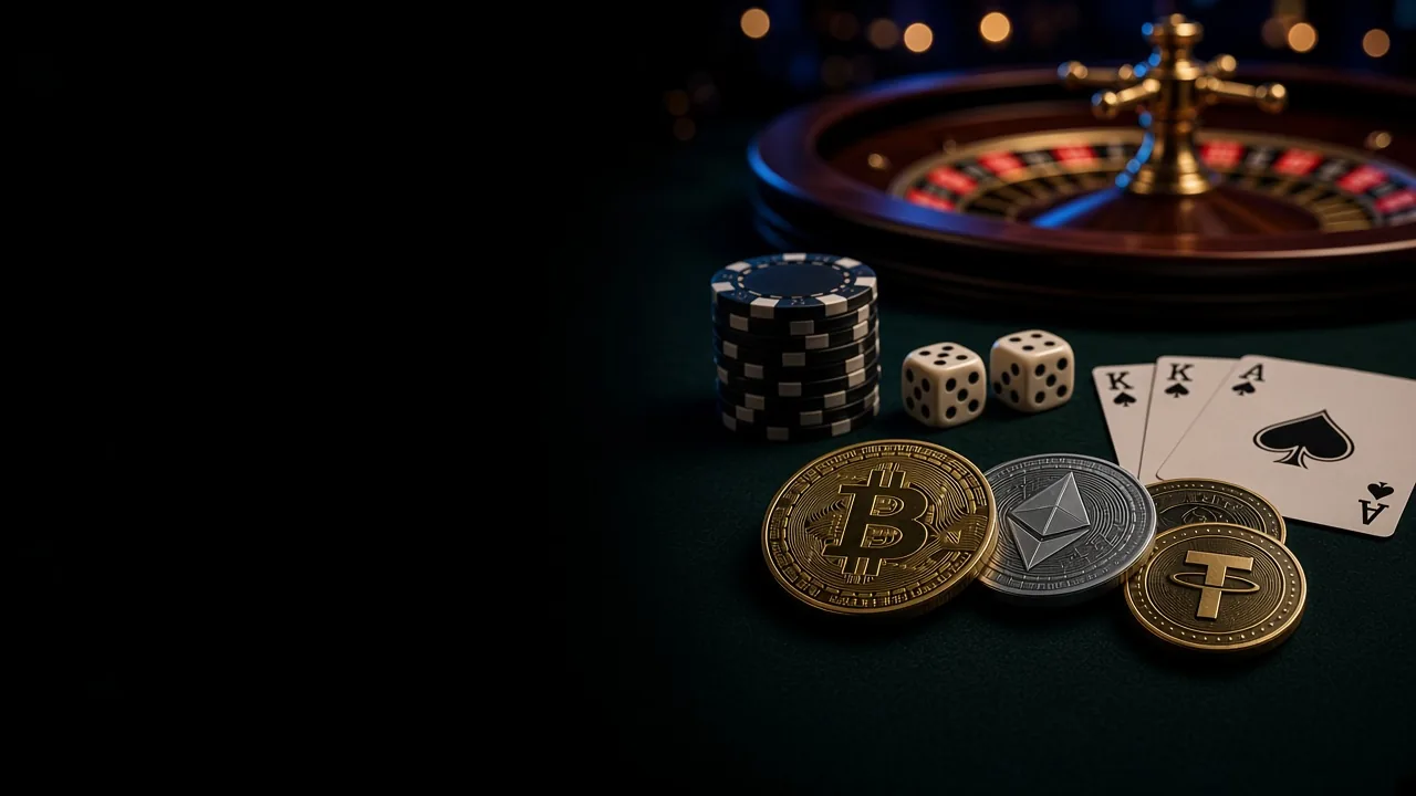 Pièces Bitcoin, Ethereum et USDT avec des jetons de casino pour le casino crypto 1win