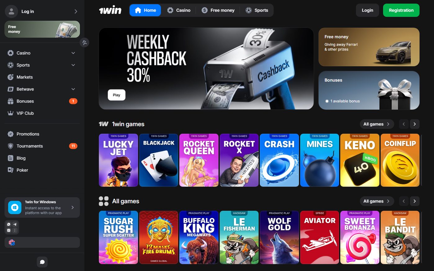 1win home lobby showing 1win games, slots, and weekly cashback banner