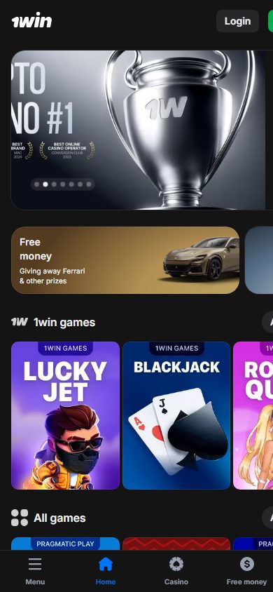 1win mobile web home screen