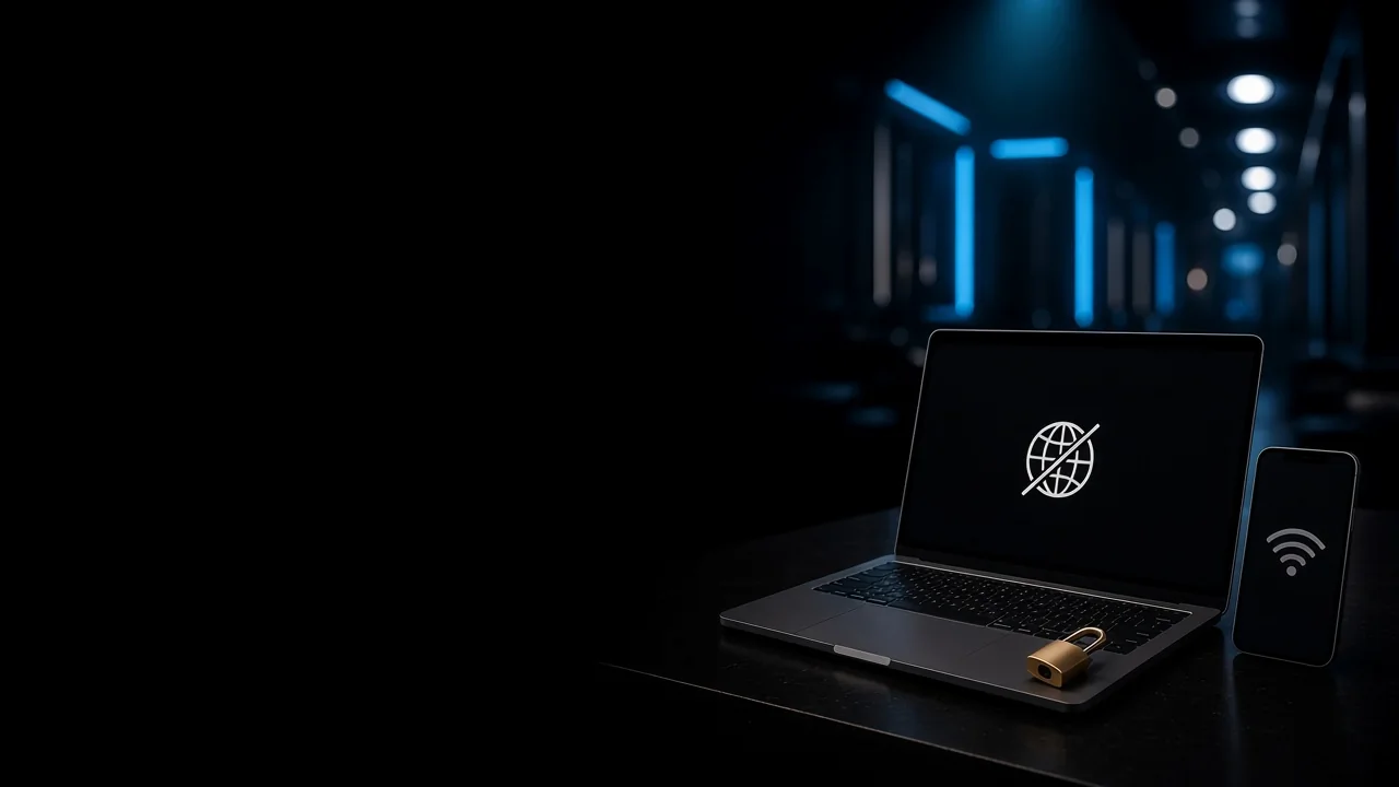 Ordinateur portable affichant une erreur de connexion à côté d'un téléphone et d'un cadenas
